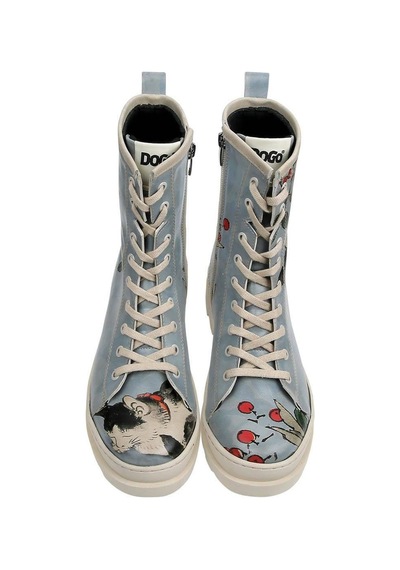 Kadın Vegan Deri Mavi Fermuarlı Uzun Bot - Sleepy Cat Tasarım Multicolor