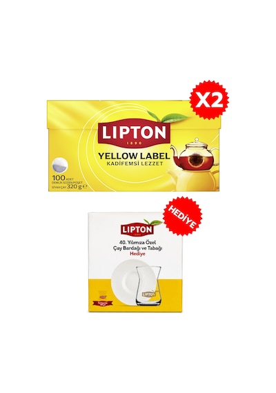 Lipton Yellow Label Demlik Poşet Çay 100lü X 2 Adet + Lipton 40. Yıl Tekli Çay Bardağı Hediyeli