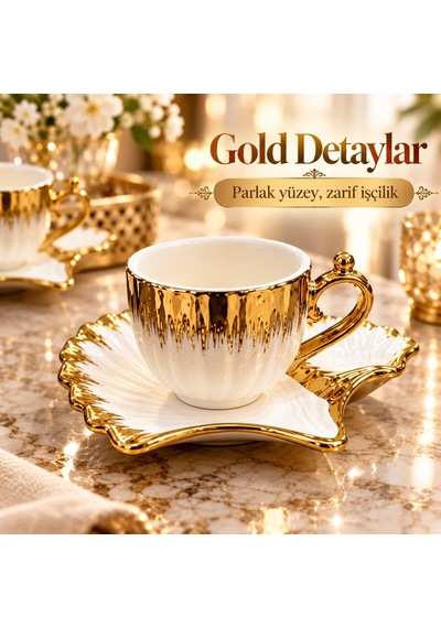 Valkyrie 6 Kişilik 12 Parça Gold Fiyonklu Porselen Türk Kahvesi Fincan Seti 80 Ml Kutulu Beyaz Altın