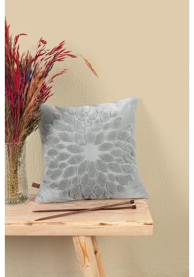 Bohem Özel Tasarım Punch Panç Desen Kare Dekoratif Kırlent Kılıfı 43x43 cm Flower Gri
