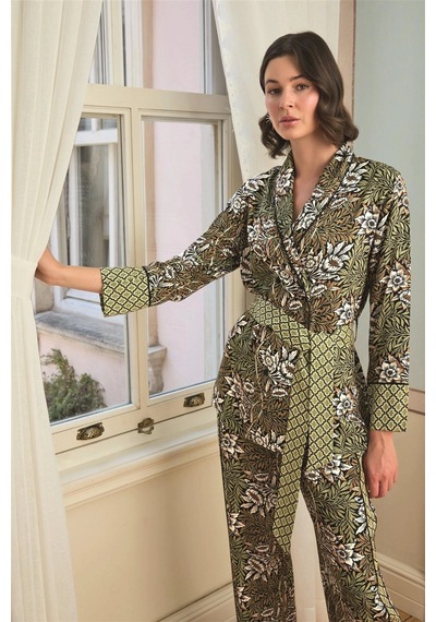 Mega Fair Çiçek Yaprak Ve Etnik Desenli Pijama Takımı Siyah