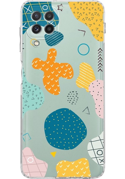 Samsung Uyumlu Galaxy A22 Kamera Korumalı Kapak Geometrik Şekiller Tasarımlı Şeffaf Kılıf Şeffaf