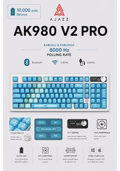 Ak980v2 Pro 8000 Hz Kablosuz Mekanik Oyun Klavyesi-tft Ekranlı-rapid Trigger