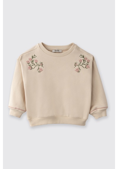 Panço Kız Bebek Nakış Detaylı Yumuşak Dokulu Bej Sweatshirt Krem
