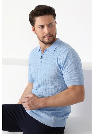 Ferraro Mavi Polo Yaka Fermuarlı Erkek Pamuk Triko T-Shirt-Mavi (429067812) Mavi
