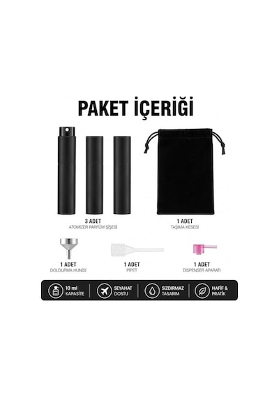 Parfüm Şişesi 10 Ml 3'lü Set Cep Parfüm Şişesi Doldurulabilir Parfüm Doldurma Şişesi Seyahat Boy Parfüm Şişesi Doldurma Aparatları Dahil Siyah Parfümşişesi,