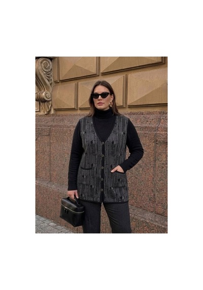 Onno Style Women Desenli Çelik Örgü Klasik Triko Yelek Siyah - Gri