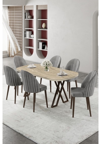Canisa Kaye Serisi Mdf 90x168 Traverten Mutfak Masası Takımı 6 Gri Sandalye Traverten Masa Gri Sandalye Canisa Kaye Serisi Mdf 90x168 Traverten Mutfak Masası Takımı 6 Gri Sandalye Traverten Masa Gri Sandalye