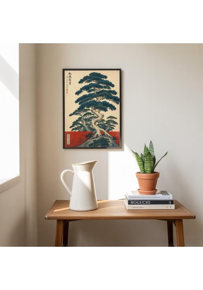 Japon Ağacı Sanat Baskısı, Vintage Botanik Bonsai Posteri, Ahşap Baskı Çam Duvar Dekoru