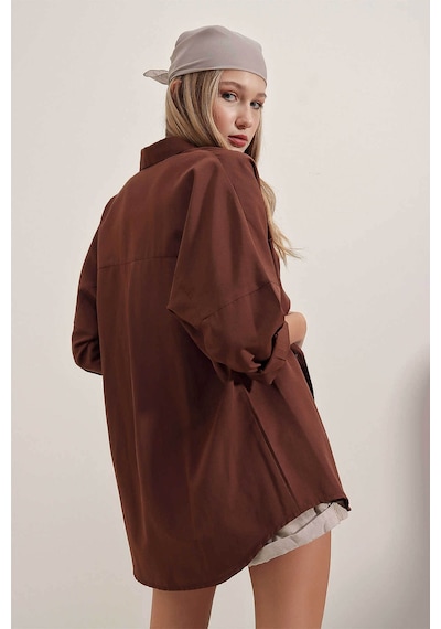 Bigdart Oversize Uzun Basic Kahverengi Kadın Gömlek 3900 Kahverengi