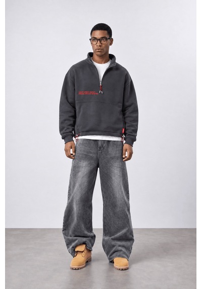 Respire Erkek Reset Baskılı Lastik Detaylı Half Zip Oversize Sweatshirt Füme