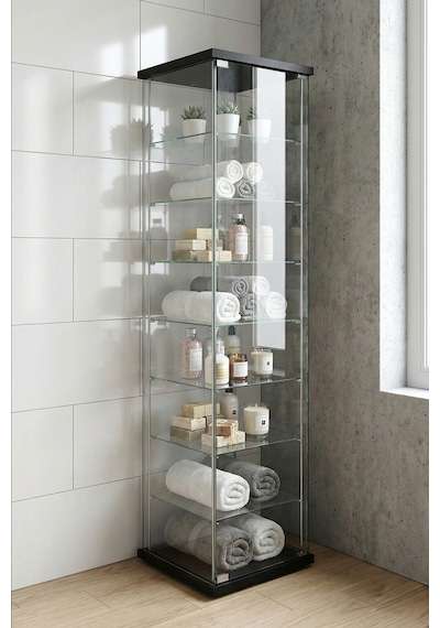 Cam Raflı Kapaklı Düzenleyici Banyo Dolabı Çok Amaçlı Lavabo Malzeme Dolap Havluluk Organizer Siyah 7 Raf