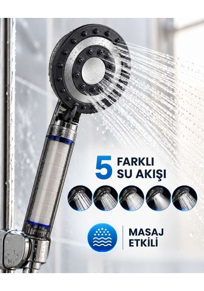 Siyah Filtreli Duş Başlığı 5 Farklı Su Akışı Etkili Klor Ve Kireç Filtreleme Diğer