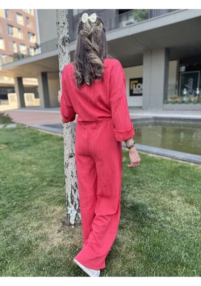Kadın Gofre Alt Üst Gömlek Fuşya Pantolon Takım - S504472 Pembe
