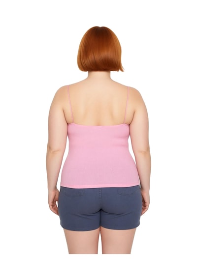 Ersefa Kadın Crop Fitilli Kaşkorse Bluz Kare Yaka İnce Askılı Günlük Giy Pembe