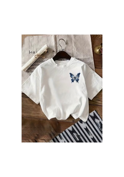 Herkesemoda Ön Kelebek Baskı Detaylı Basic T-shirt Beyaz