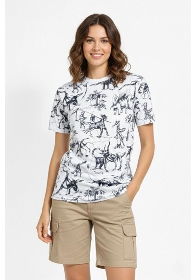 Kadın Dinozor Dijıtal Ön Ve Arka Baskılı Tişört Bisiklet Yaka T-shirt - Beyaz