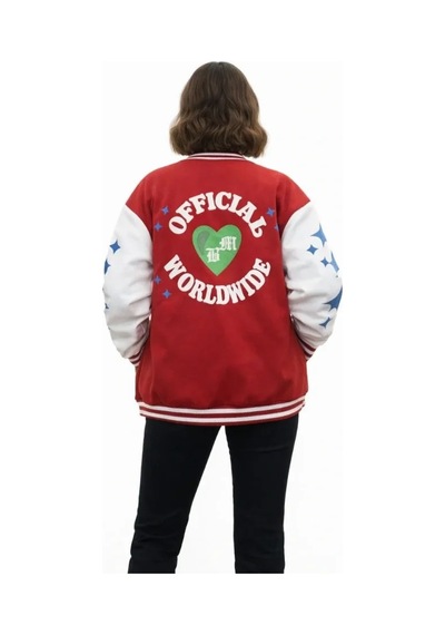 Meleners Kırmızı Varsity Çıtçıtlı Baskılı Oversize Kalıp Kolej Ceket - Kırmızı