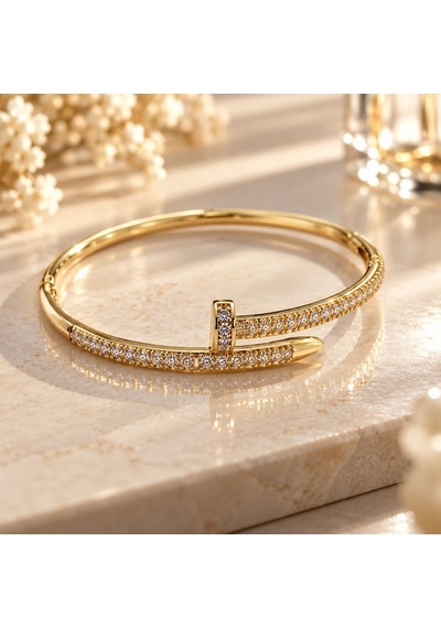 Zirkon Taşlı Çivi Kelepçe Bilezik - 316l Paslanmaz Çelik Gold Kadın Bileklik 86936693