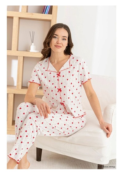 Genel Kırmızı Kadın Pamuk Kurdele/fiyonklu Kısa Kollu Fitilli Kaliteli Örme Pijama Takımı Beyaz Genel Kırmızı Kadın Pamuk Kurdele/fiyonklu Kısa Kollu Fitilli Kaliteli Örme Pijama Takımı Beyaz