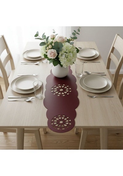1 Adet Deri Runner-40x140 Cm-yıldız Desenli Runner Bordo