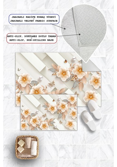 Dijital Baskı Çicek Desen Kaymaz Taban 2li Set Banyo Paspası Klozet Takımı 50x60cm-60x100cm Krem