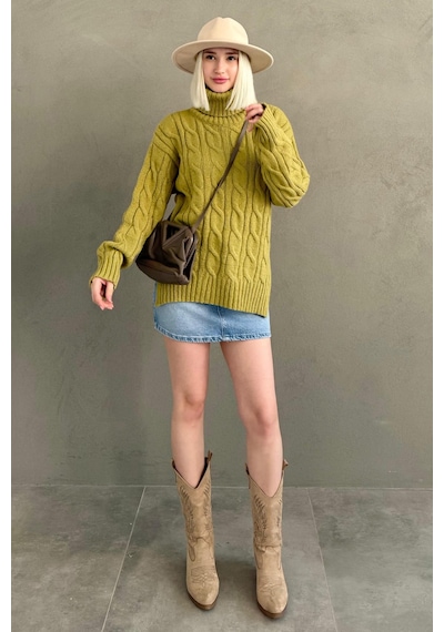 Madmext Yeşil Boğazlı Triko Kazak Mg2376 Yeşil