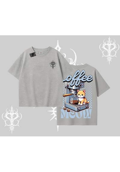 Tarzsokak Coffee Meow Kahve Temalı Kedi Arka Baskılı Oversize Tshirt Gri
