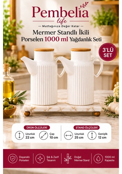 Mermer Standlı Porselen 2 Li 1000 Ml Yağdanlık Set 3 Lü Prizma Yağlık Set Ayçiçek Yağı Zeytinyağı Şişesi Beyaz Beyaz