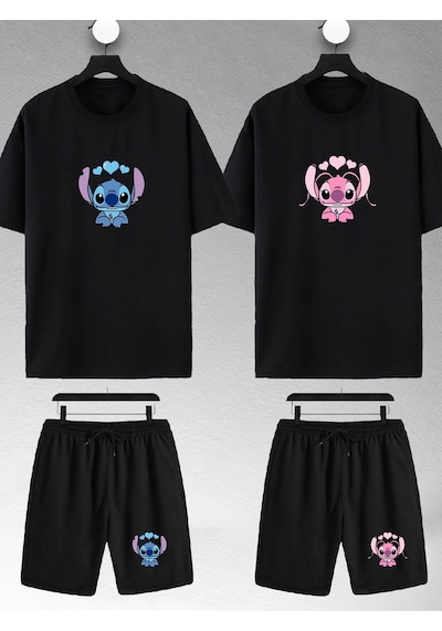 Unisex Kadın Erkek Stitch Angel Baskılı Sevgili Çift Kombini Tasarım Oversize Tshirt Ve Şort Siyah Mck2201 Siyah