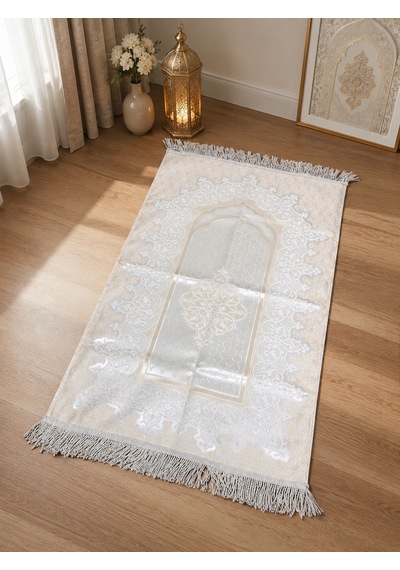 Royam Lüx Kalın Dokulu Saçaklı Saten Jakarlı Seccade 70 X 120 Krem