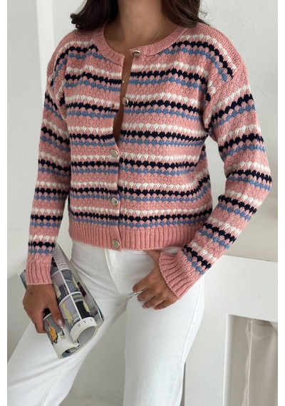 Noa & Noa Kadın Geometrik Desenli Düğmeli Triko Hırka Canlı & Şehirli Stil Pembe