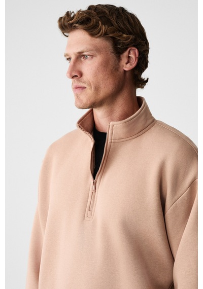 Grimelange Baxter Erkek Dik Yakalı Fermuarlı Relaxed Vizon Sweatshirt Vizon