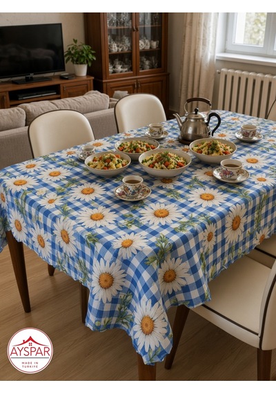 Masa Örtüsü 150x170 Cm Açık Mavi Kareli Papatya Beyaz