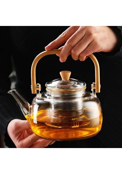 Bambu Saplı Isıya Dayanıklı Borosilikat Cam Süzgeçli Demlik 1000ml, Isıya Dayanıklı Cam Bitki Çayı Demliği 1 Diğer