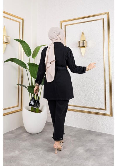 Harman Butik Kadın Taş Detaylı 2li Takım Kot Ceket Pantolon Siyah Siyah