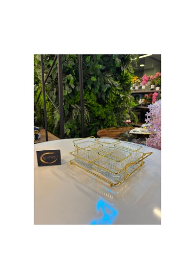 Ars Paşabahçe Elysia Yaldızlı Kare Kase, Metal Gold Standlı 4'lü Çerezlik, Sunumluk, Kahvaltılık