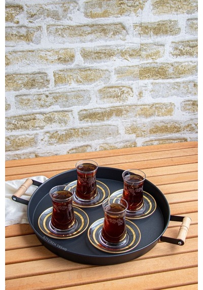 2'li Ahşap Kulplu 45 Cm Metal Tepsi Ve 37 Cm Siyah Tepsi Çay Kahve Sunum Tepsisi Siyah
