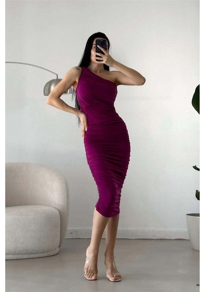 Store Sandy Tek Elbise Omuz Drapeli Kumaş Midi Kırmızı - 935904812 Kırmızı