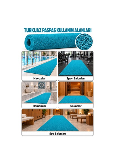 Hortumtech Kıvırcık Paspas Kir Tutucu Pvc Kapı Önü İç Dış Mekan Eko 12 Mm - Turkuaz 100 X 550 Cm