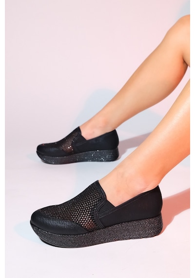 Luvishoes Purcan Siyah Simli Fileli Kalın Tabanlı Kadın Günlük Ayakkabı Siyah