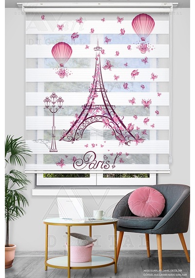 Eiffel Kulesi Ve Pembe Kelebekler Baskılı Zebra Perde - Dijital Baskılı Zebra Stor Perde Çok Renkli