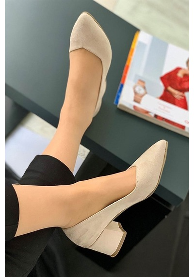 Ay Mood Vizon Süet Kadın Şık Günlük Rahat Kısa Topuklu Ayakkabı Topuk Boyu 5CM - 36 Vizon