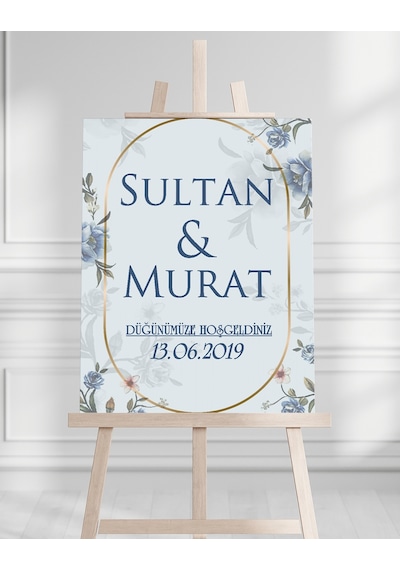 Söz Nişan Düğün İçin 50x70 Karşılama Panosu - Mavi Çiçek Desenli Beyaz