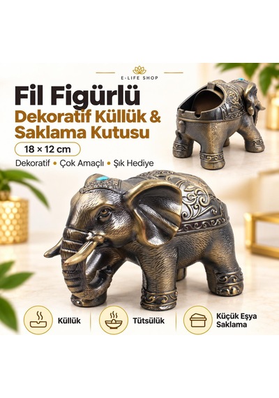 Lüks Alaşım Metal Fil Figürlü Kapaklı Dekoratif Küllük Ve Takı Saklama Kutusu Metal Biblo 18 X 12 Cm 85349586