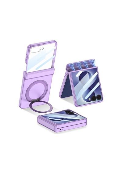 Samsung Uyumlu Galaxy Z Flip 8 Kılıf M-safe Şarj Özellikli Ata Pro Tech Kıpta Kpt-06 Ring Standlı Kılıf Mor