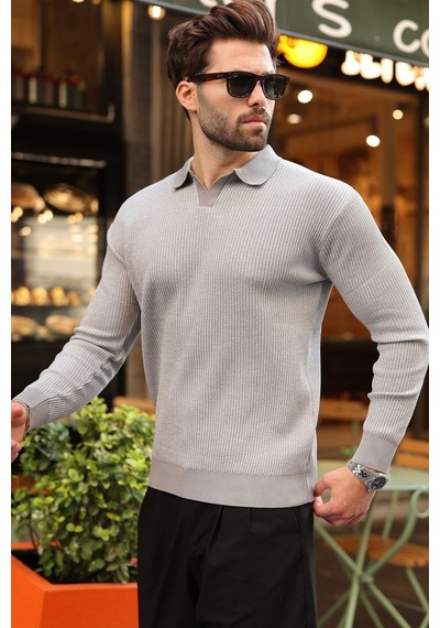 Madmext Gri Polo Yaka Dokulu Erkek Triko Kazak E7511 Gri/beyaz