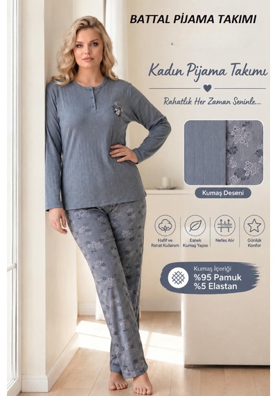 Boyraz Lindros Kadın Düğme Yaka Raporlu İnterlok Kışlık Battal Pijama Takımı 02735 - 1 Adet Füme Boyraz Lindros Kadın Düğme Yaka Raporlu İnterlok Kışlık Battal Pijama Takımı 02735 - 1 Adet Füme