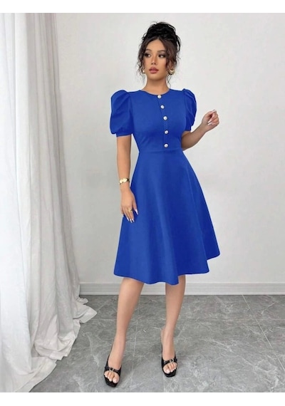 Defymoda Kadın Kısa Kollu Bisiklet Yaka Önden Düğmeli Ithal Krep Elbise Saks Mavi