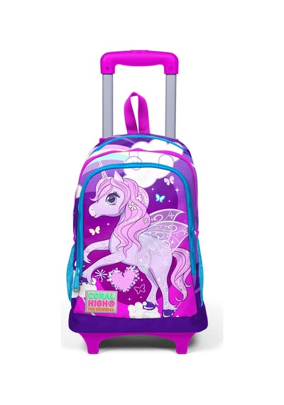 Coral High Kids Mor Pembe Unicorn Desenli Üç Bölmeli Işıklı Tekerlekli Çekçekli Sırt Çantası 23908